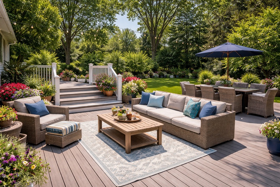 Decking en composite pour terrasse extérieure avec mobilier de jardin
