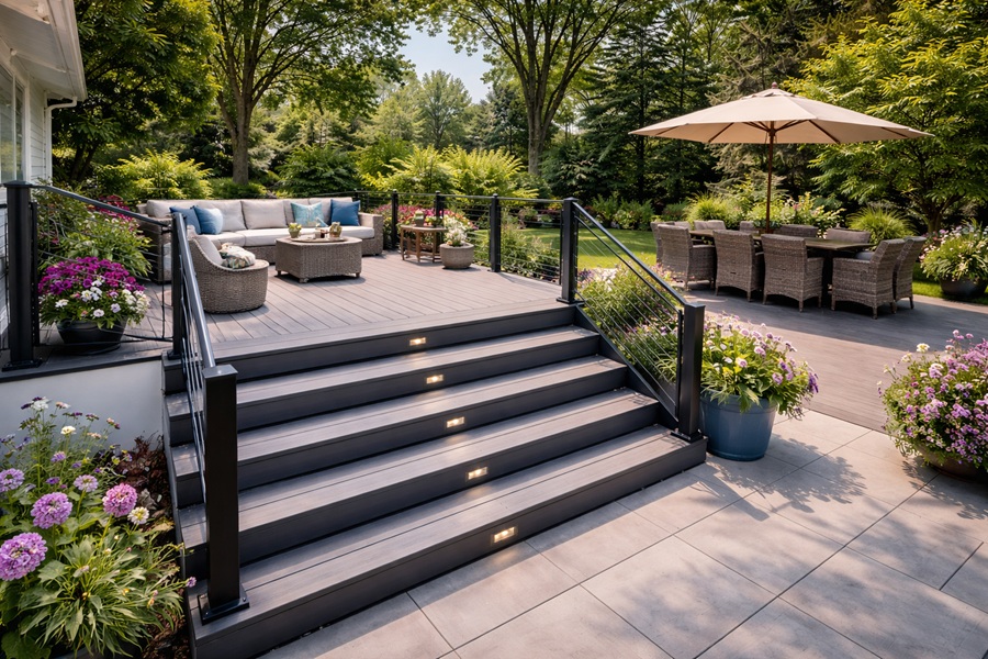 Escaliers en composite extérieur avec éclairage intégré et garde-corps moderne