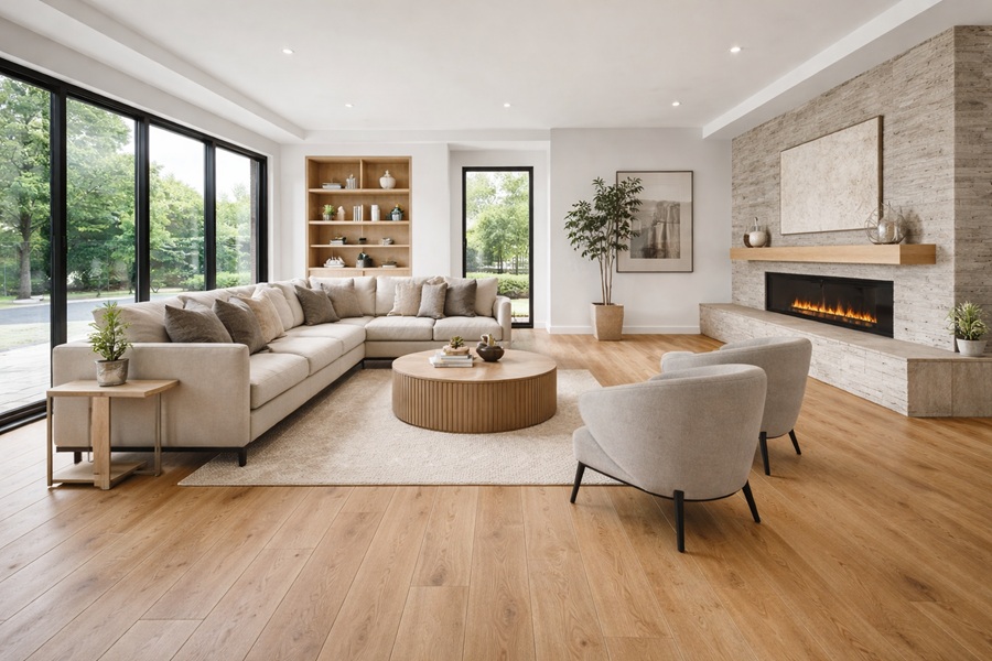 Plancher stratifié imitation bois clair dans un salon résidentiel