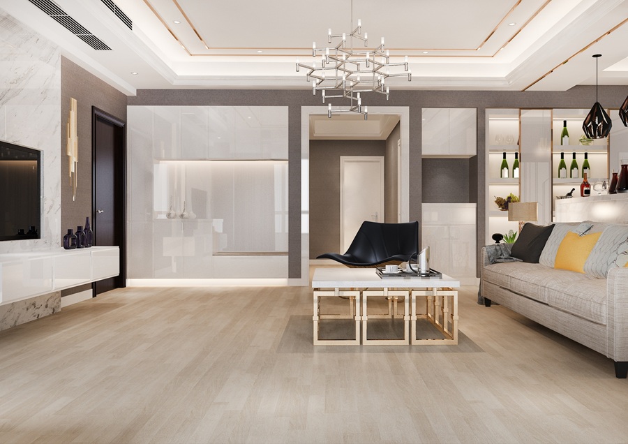 Plancher en vinyle effet bois dans un intérieur contemporain